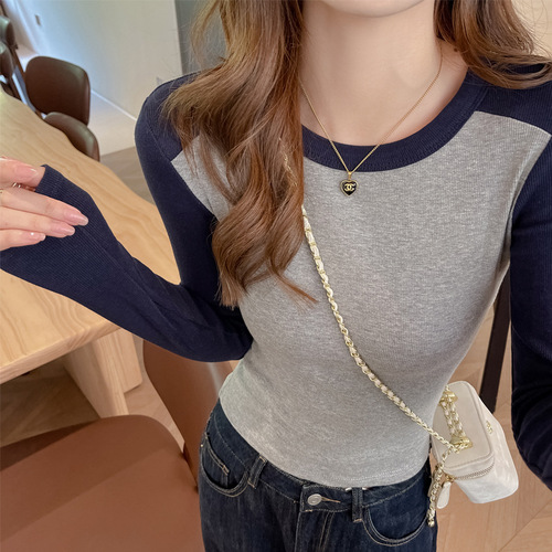 Women's Small Round Neck American Color Block Long Sleeve T-Shirt for Spring and Winter, Tight Short Sleeve, Regular Shoulder Base Shirt, Can Be Worn as a Top