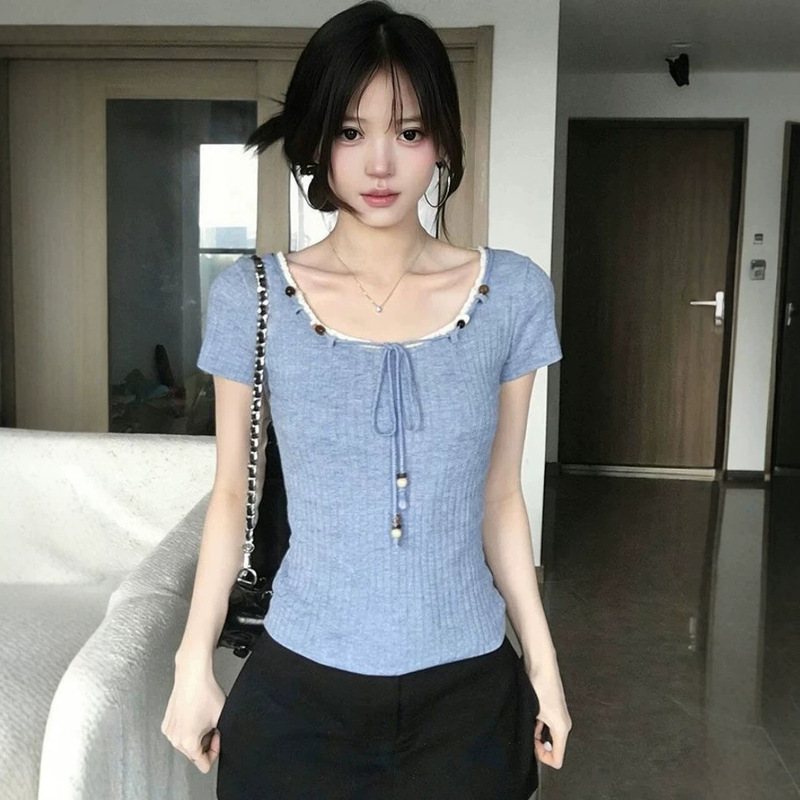 French-Style Girly Lace Beaded Short-Sleeve T-Shirt for Women, Summer Design with Unique Drawstring Waist Short Top