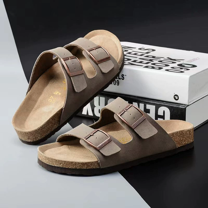 Пробковые тапочки Birkenstock для мужчин и женщин, двойные ремешки и двойные пряжки, летние нескользящие пляжные сандалии на толстой подошве.