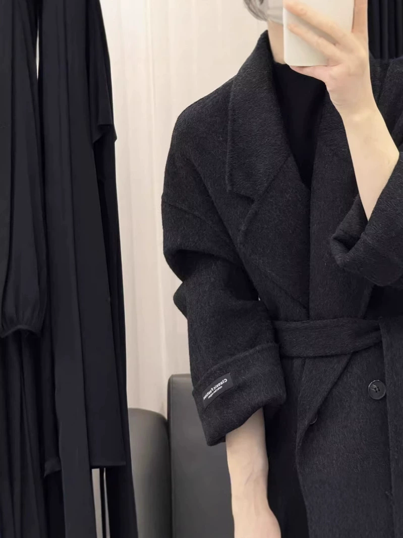 Пальто из полушерсти полушерсти демисезонное двустороннее, Oversized; оливково-зеленый / серый / черный, размер S–M