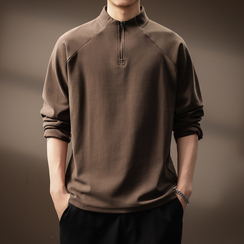 High-End American Retro 300g Heavyweight Long-Sleeved T-Shirt Men's Autum Trendy Brand Zipper Half Turtleneck Sweatshirt Loose Top
