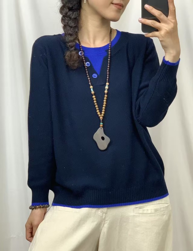 假两件针织衫女 秋款 欧货时尚宽松显瘦百搭休闲减龄长袖毛衣6033|undefined