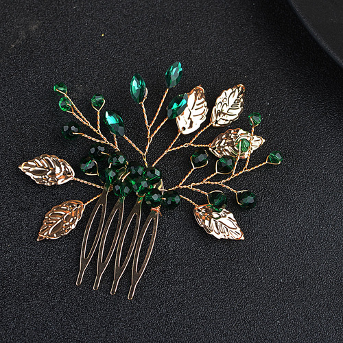 Cross-border Bestselling Alloy Water Drill Insert Comb Handmade Leaf Emerald Crystal Hair Accessories Ancient Chinese Costume Accessory Hair Comb