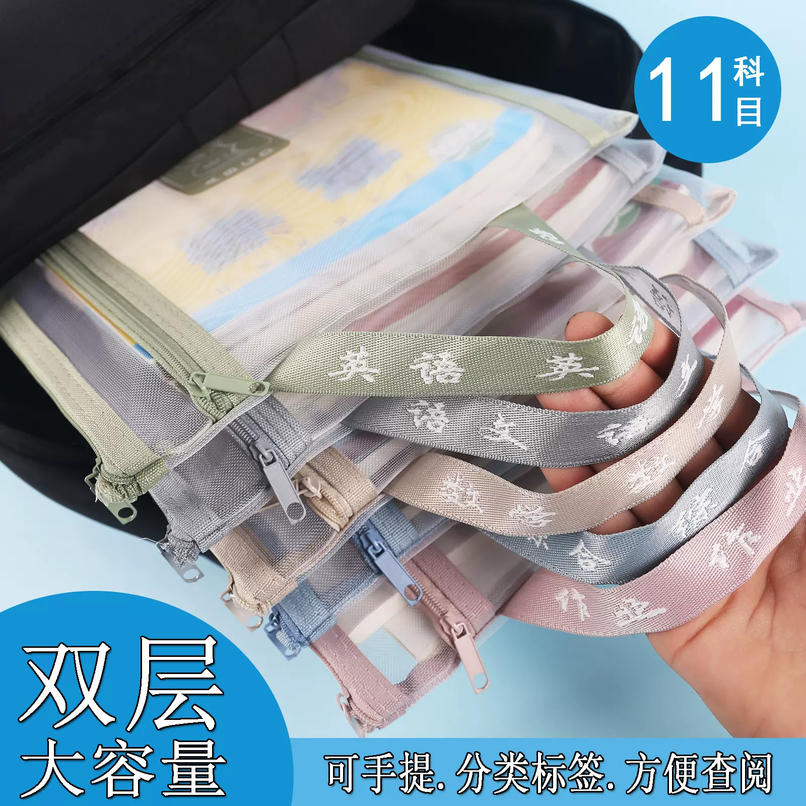 A4科目袋透明网纱双层手提袋学生分类学科试卷文件作业收纳拉链袋