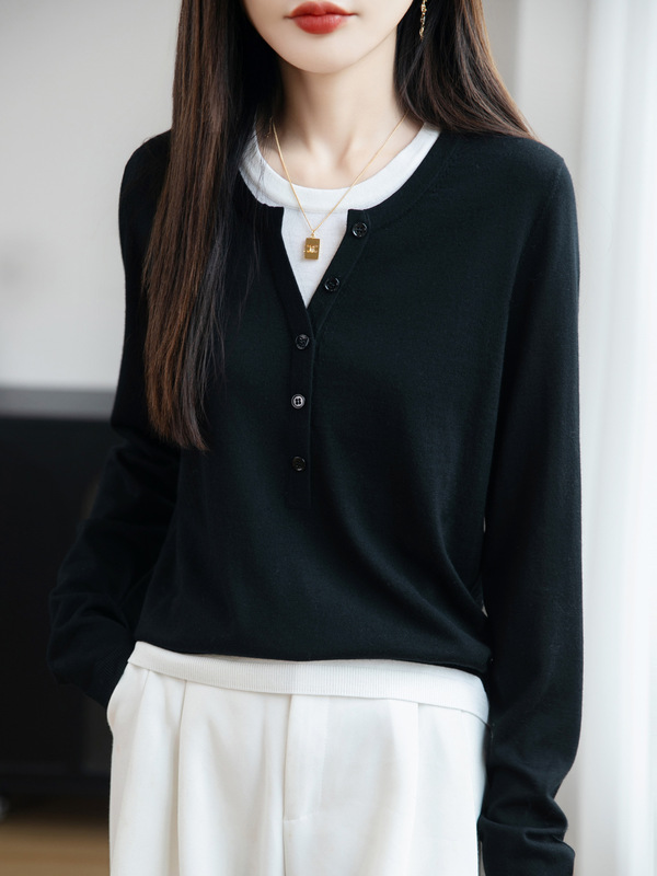 撞色假两件套头针织衫女2025秋季新款韩系设计感甜美风打底毛衣女|undefined