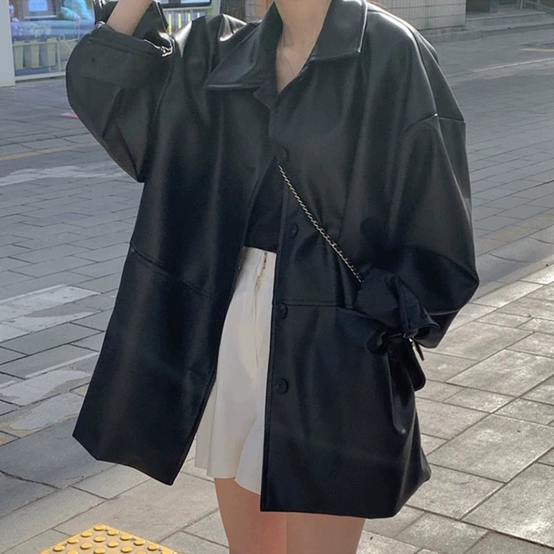 뜨거운 한국 잘 생긴 옷깃 싱글 브레스트 가죽 자켓 여성의 가을 새로운 느슨한 올매치 모방 가죽 자켓 탑