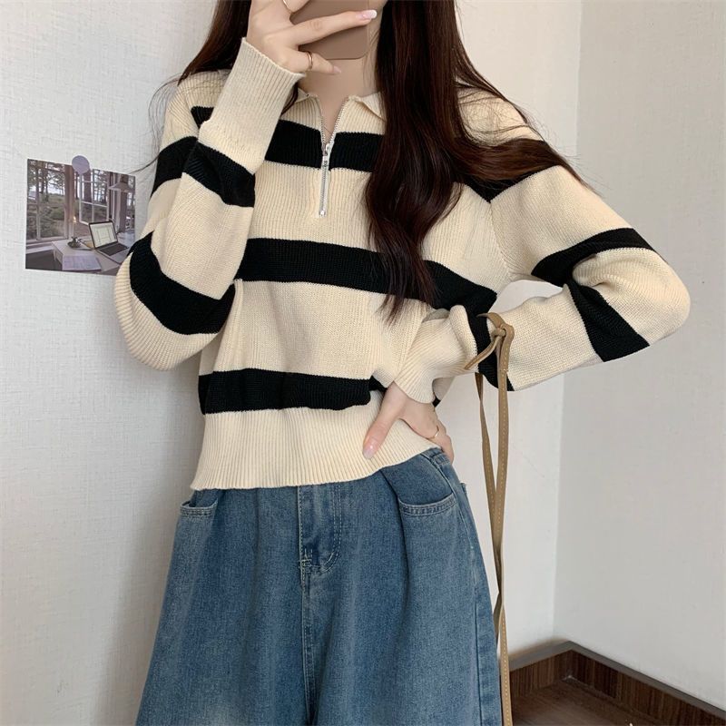 条纹针织衫上衣女2025新款秋翻领女士毛衣高知穿搭长袖打底衫|undefined