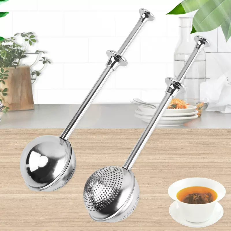 创意304不锈钢茶球按压式手柄泡茶器可伸缩茶漏茶具滤茶器现货
