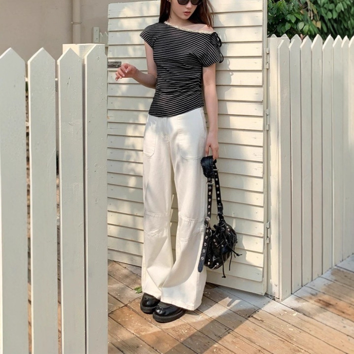 デザインレースストライプ半袖Tシャツレディース夏韓国風スプライシングツーウェアカラースリムフィットトップ