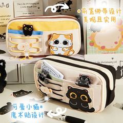 新しいベルクロかわいい黒子猫鉛筆バッグイン大容量多層学生文具収納袋鉛筆バッグ