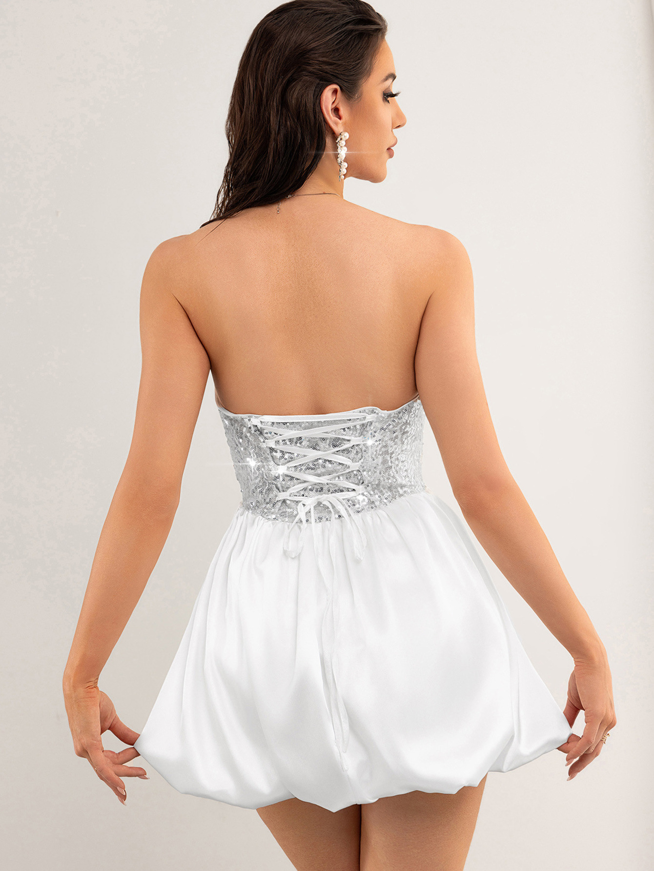 Women Clothing Sexy Backless Sequined White Dress Short Dress Summer