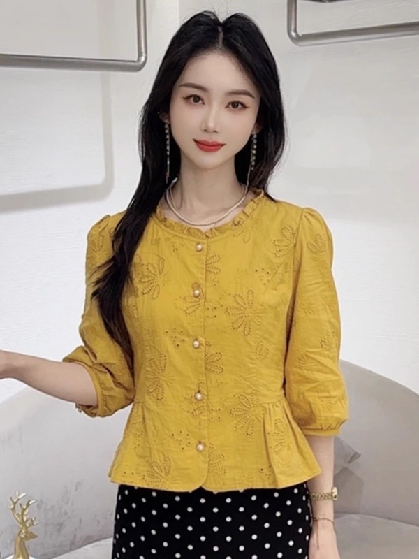 时尚圆领七分袖衬衫女2025早秋新款洋气质收腰显瘦绣花小个子上衣|undefined
