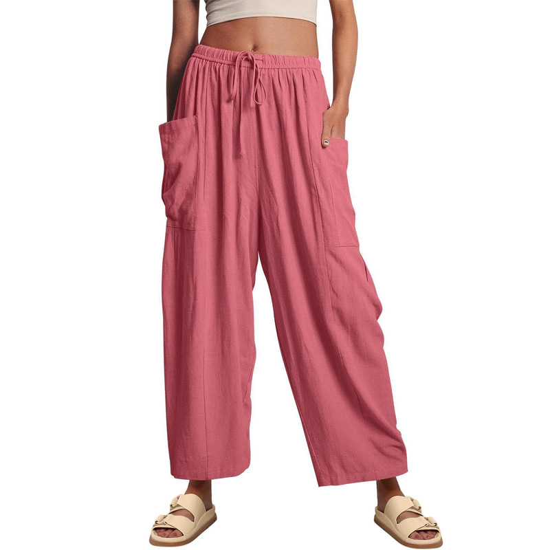 2025 Cross-Border Spring and Summer Amazon European and American Elastic Waist Pleated Mid-Waist Straight Pants Loose Casual Cotton and Linen Nine-Point Pants 2025 Cross-Border Spring and Summer Amazon European and American Elastic Waist Pleated Mid-Waist Straight Pants Loose Casual Cotton and Linen Nine-Point Pants