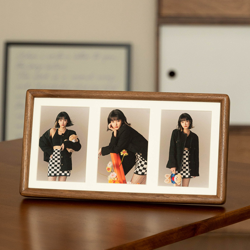 Solid wood long photo frame for desktop display, wall hanging, multi-grid, for couples, children, and babies, photo printing and printing services