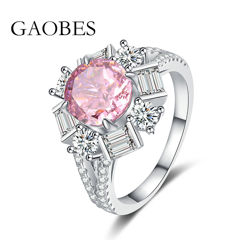 Luxury princess style round high carbon diamond 925 sterling silver ice cut pink ring for ladies European and American high sense socialite