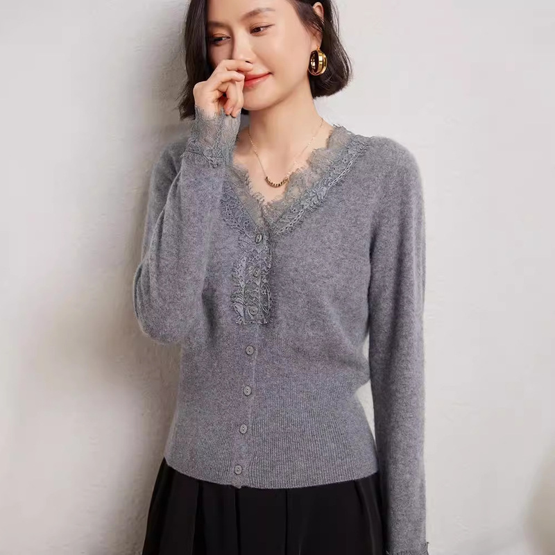 French-Style V-Neck Lace Base Sweater, New Autumn Product, Lace-Trimmed Wool Knit Cardigan Top