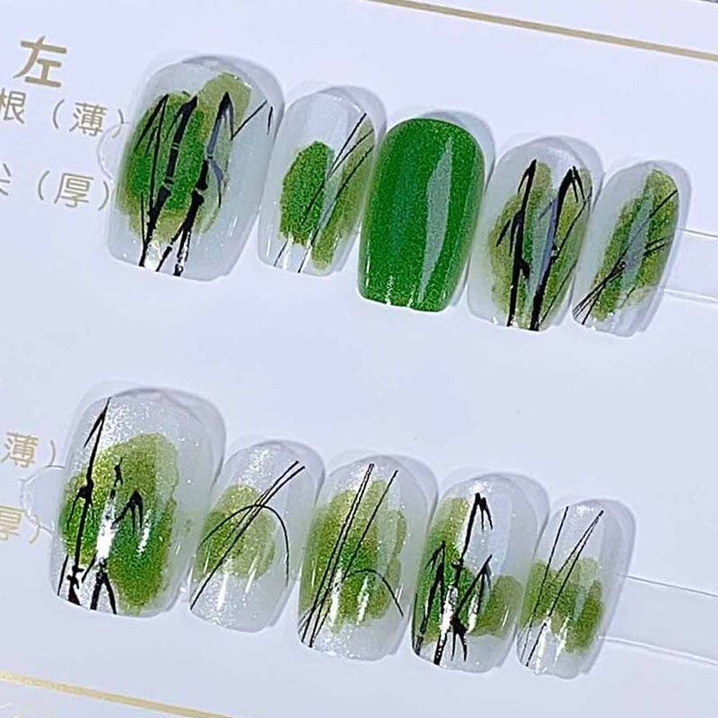 Semi-Handmade Custom Bamboo Leaf Nail Art Stickers, Fresh Green Natural Vibe with a Chinese and Ancient Style