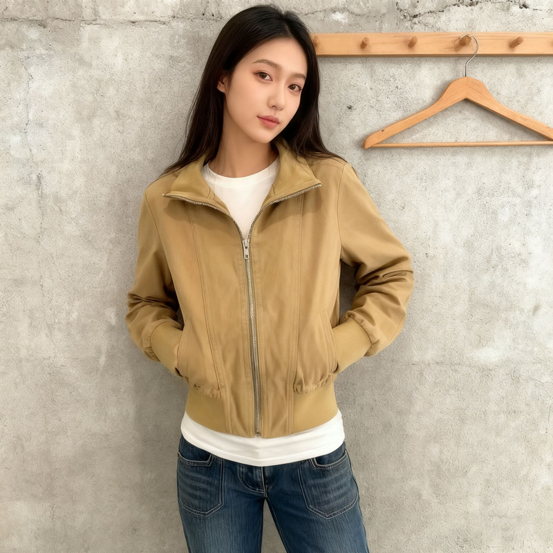 Bm Style American Retro Khaki Short Jacket Women's Autumn New High-Waisted Top Zipper Cardigan Jacket