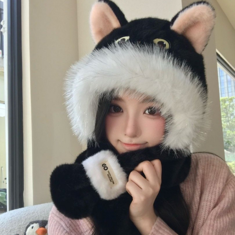 Autumn and Winter New Style Cute Cat Pullover Lei Feng Hat, Plush Thickened Windproof and Ear-Protecting Hat for Cycling