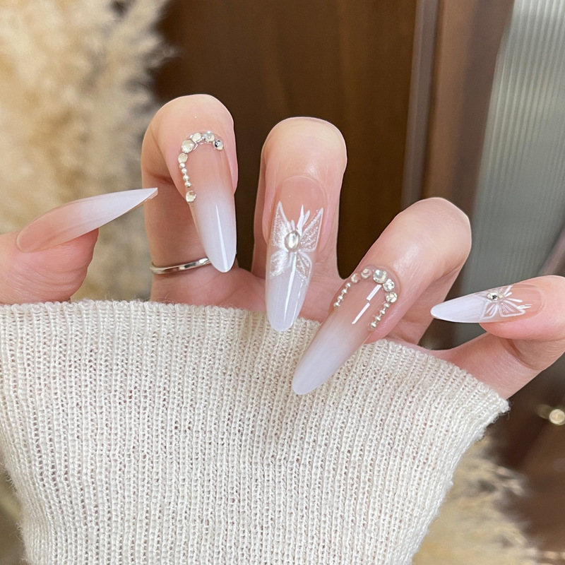 Handmade High-End 30-Piece Nail Tips, New Butterfly Rhinestone Design, Versatile Long Almond-Shaped Pre-Made Nails