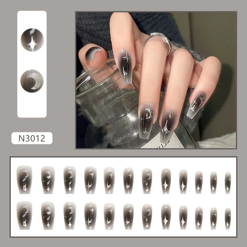 Dark and edgy girl Instagram style, YY2K gradient silver moon and star manicure nail art, false nails, medium-long ballet nails