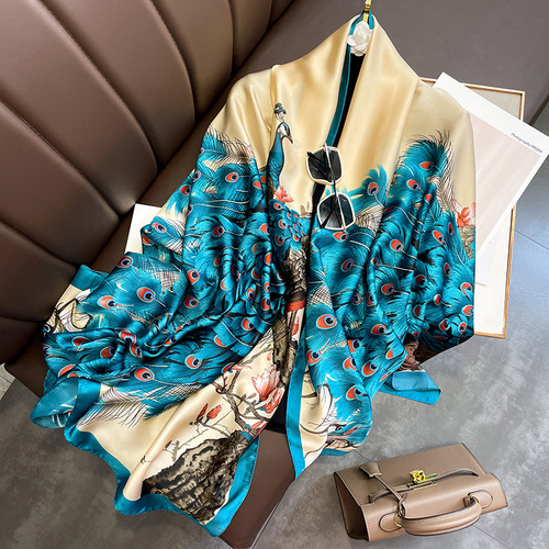 Chinese style retro ethnic peacock with open tail, fashionable imitation silk long scarf and air-conditioning shawl as a gift for mother and daughter