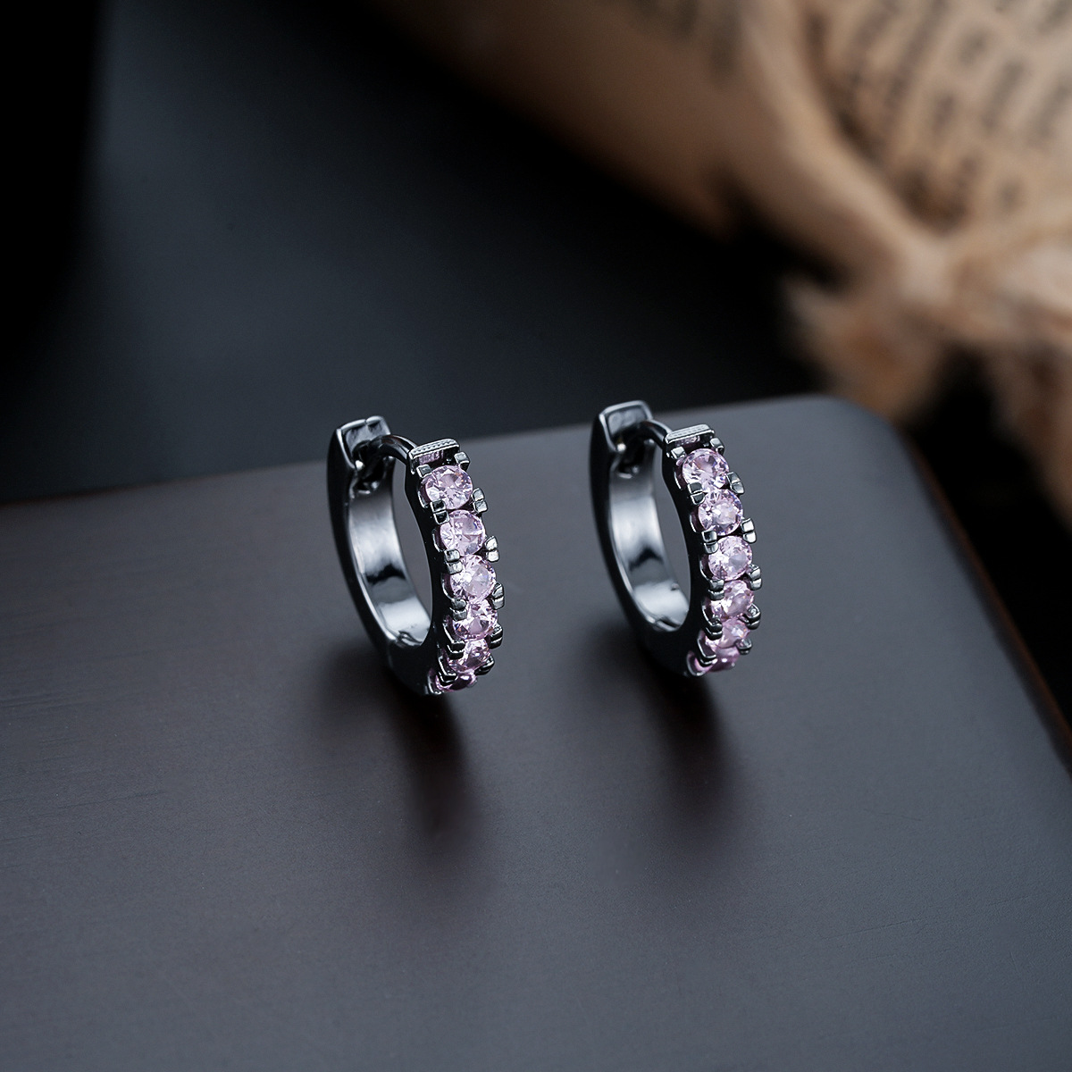 X1074-L (pink diamond earrings) gun black pair