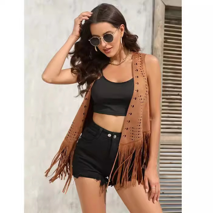 2025 European and American Cross-Border New Western Tassel Short Vest Jacket Women's Casual Cardigan Sleeveless Vest