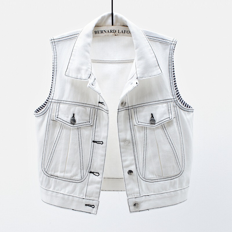 2025 Spring and Autumn New Sleeveless Striped Decorative Denim Vest Women's Short Jacket Vest Large Pocket Waistcoat Top