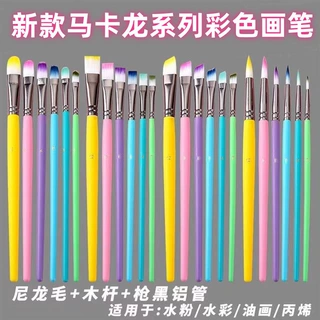跨境数字油画笔套装6支尼龙毛木杆笔刷马卡龙水粉水彩丙烯勾线笔
