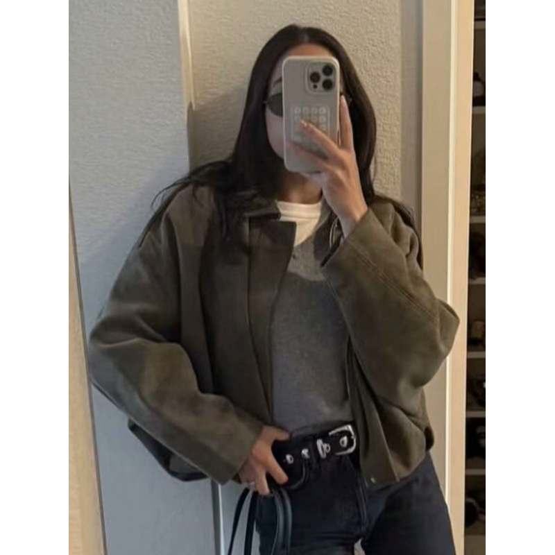 亚马逊春季新品欧美跨境女装绒面质感翻领飞行员夹克外套|undefined