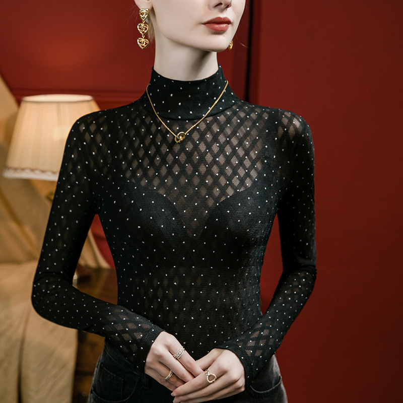 Women's half turtleneck rhinestone heavy-duty lace bottoming shirt slim fit 2023 Autumn New style plaid top