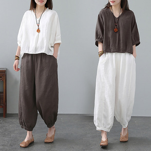 Cotton and Linen Suit Summer Casual Linen Two-Piece Set Fashionable Retro Middle-Aged and Elderly Mothers High-End Ethnic Style Women's Clothing