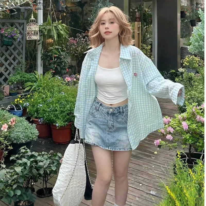 Early Spring New Pink Plaid Shirt Long-Sleeved Jacket Splicing Spring Loose New Design Casual Top