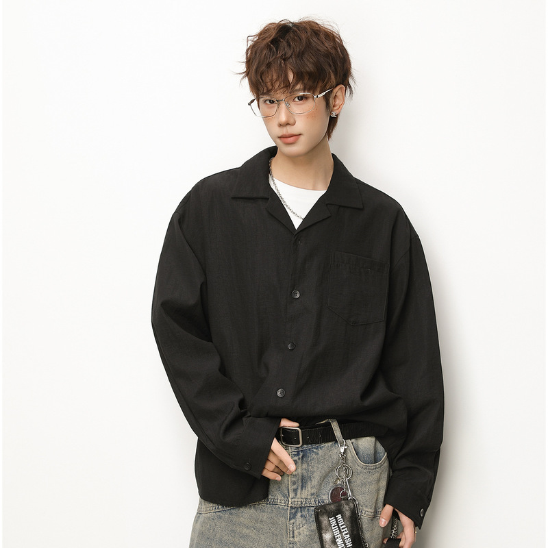 Slightly Wrinkled Linen Texture Long-Sleeved Shirt, Spring Vintage Old Money Style, Cuban Collar, Simple Casual Shirt Jacket Q Slightly Wrinkled Linen Texture Long-Sleeved Shirt, Spring Vintage Old Money Style, Cuban Collar, Simple Casual Shirt Jacket Q