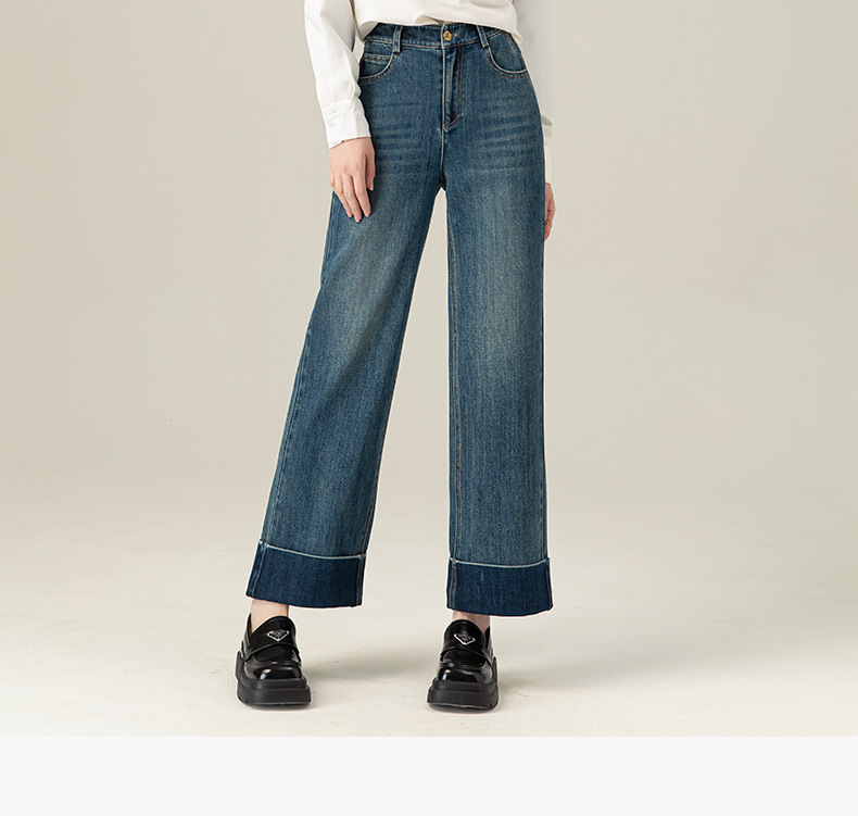 Quần jean ống đứng cạp cao Xinge chất Tencel mềm rủ, gấu gập cho nữ dáng nhỏ — Xanh đá quý chi tiết 24