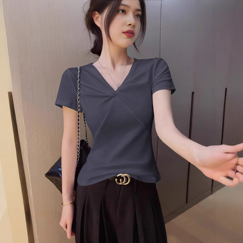 卸売ハイエンドシャツレディースVネック半袖Tシャツ夏純粋な欲望ツイストデザイン右肩スリムフィットトップ|undefined