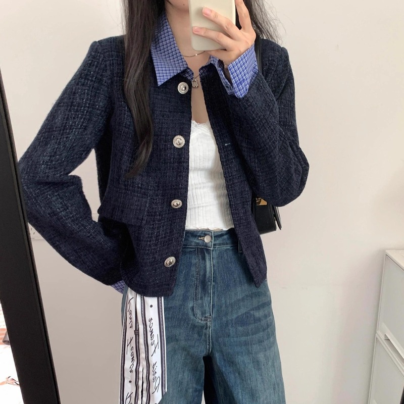 韩系假两件拼接翻领小香风外套女秋季新款宽松休闲短款夹克上衣潮|undefined