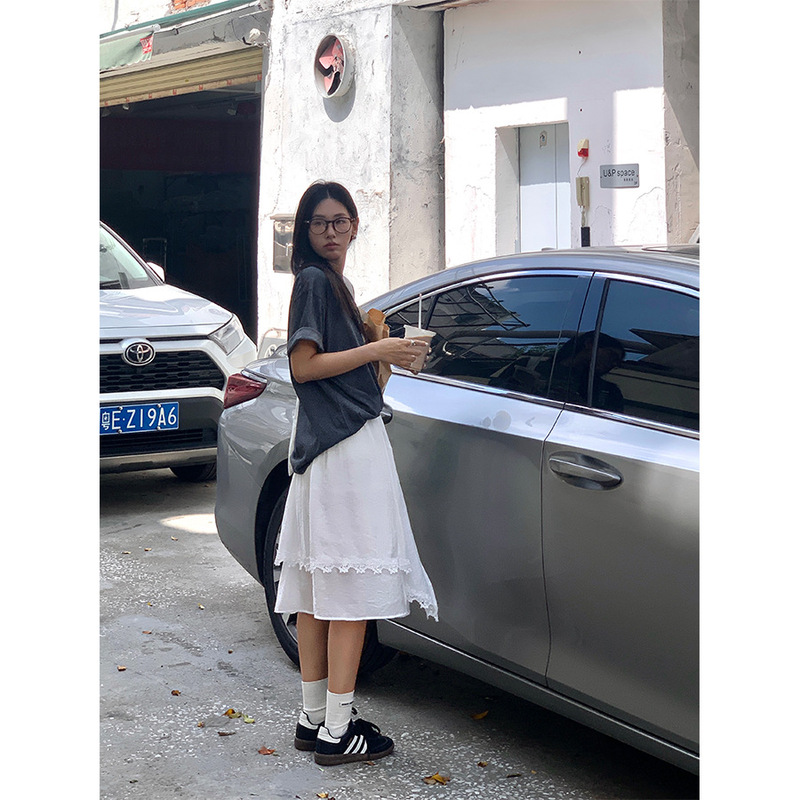 Huang Zheng Korean Style Summer New Versatile Sweet Long Skirt with Lace Print and Beautiful Style 520682