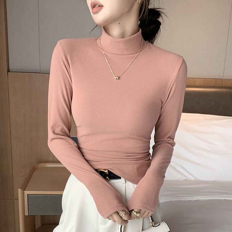 H527宽条纹纯色半高领打底衫女士修身显瘦中领上衣可内搭可外穿|undefined
