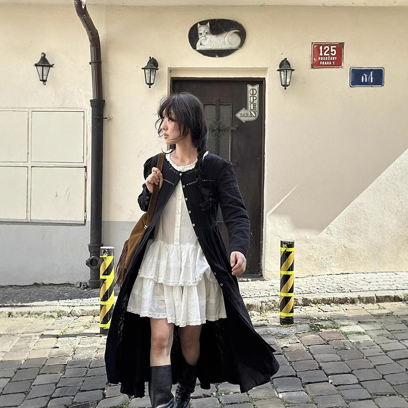 in stock White Robe Cape Style Vintage dress Autumn Women's French Design Waisted Dress flet * a