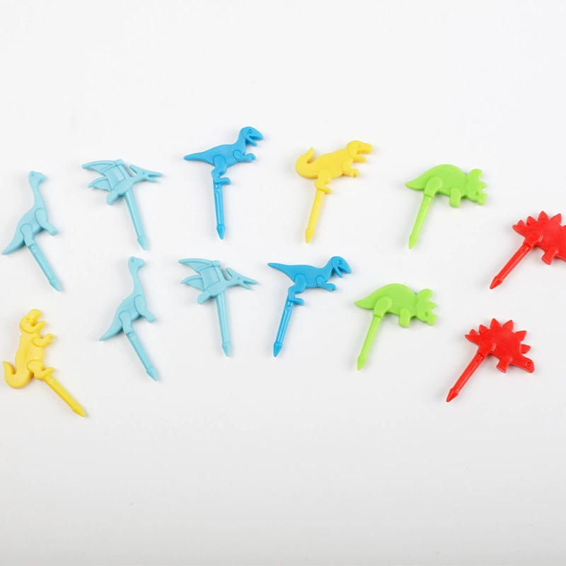 Мультфильм животных фруктовая вилка 12pc милый динозавр серия фруктовая тарелка вилка цветной мини бенто вилка пластиковый портативный