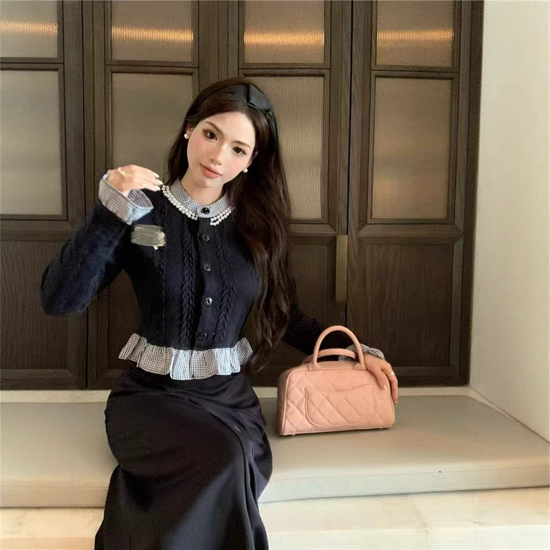 XINKD 韩系甜妹穿搭蓝色针织套装女冬高级感优雅气质半身裙两件套|undefined