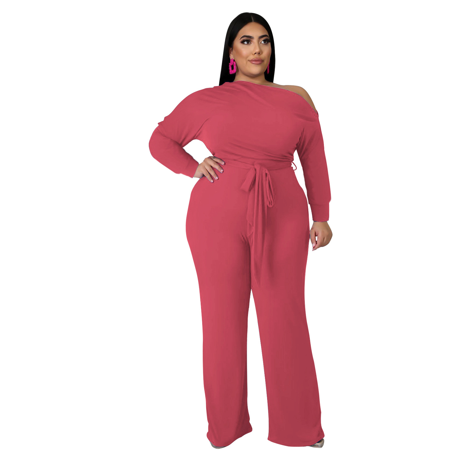 women s plus size solid color strappy shoulder T-shirt flared pants suit nihaostyles clothing wholesale NSBMF80099