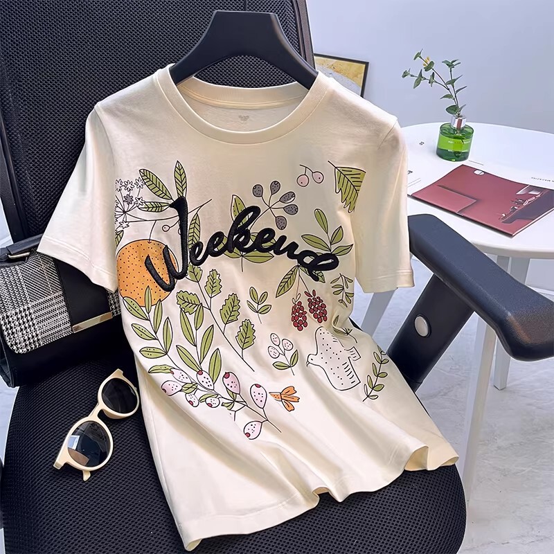 Max Series, Retail Price 1.6K~ Embroidered Printed Pima Cotton Round Neck Short-Sleeved T-Shirt for Women