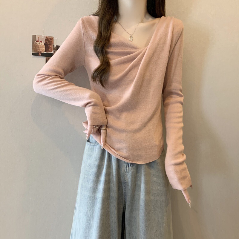 Irregular Slanted V Neck Long-Sleeved Knitwear T-Shirt for Women in Early Spring New Large Size Fat mm Slimming Look and Beautiful Short Top
