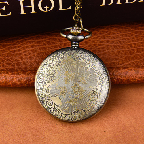 Large transparent glass floral border quartz watch with flip cover Roman numerals watch necklace pendant