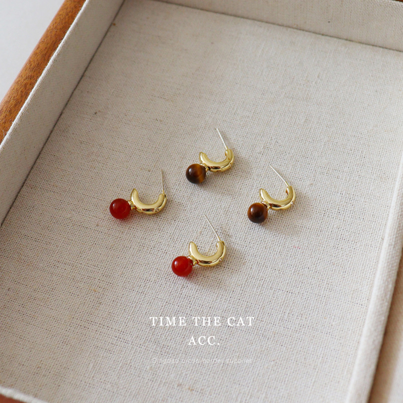 红玛瑙虎眼石吊坠镶锆石金属色耳钉轻奢高级感百搭简约高级感耳饰