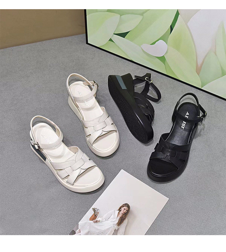 Sandal nữ đế xuồng da thật phong cách La Mã đế dày mềm — Màu đen chi tiết 12