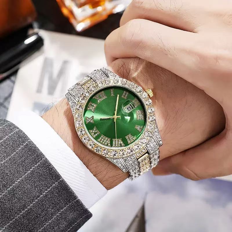 European and American Popular Men's Watch Steel Band Diamond Calendar Quartz Watch High-End Roman Scale Business Casual Watch